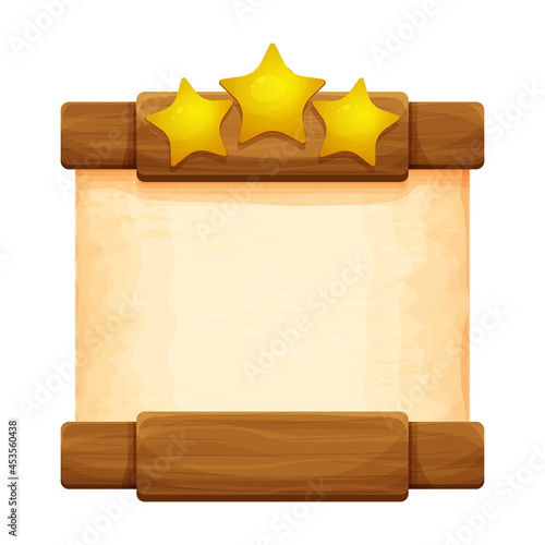 Wood plank with parchment paper in cartoon style, level achievement game screen isolated on white background. Frame, medieval panel, menu. Empty gui asset, signboard.