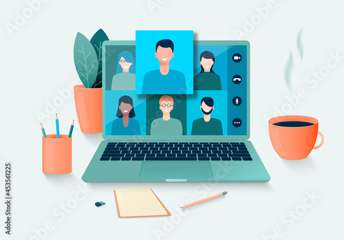 Online meeting of people using videoconference. Teleconferencing and work remotely from home or anywhere. Vector illustration.