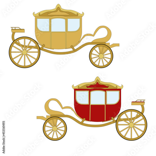 Fairytale realistic red gold royal for princess wedding carriage illustration with an outline