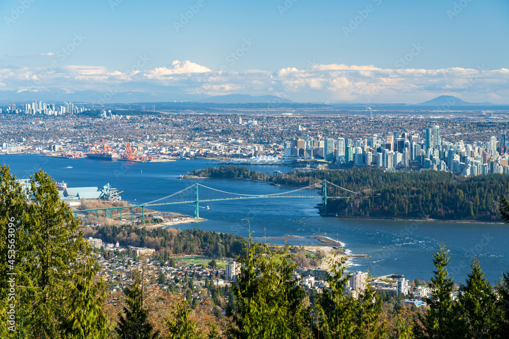 Cypress Mountain Vancouver Outlook. Vancouver city downtown and Harbour panorama view. Lions Gate Bridge, British Columbia, Canada.