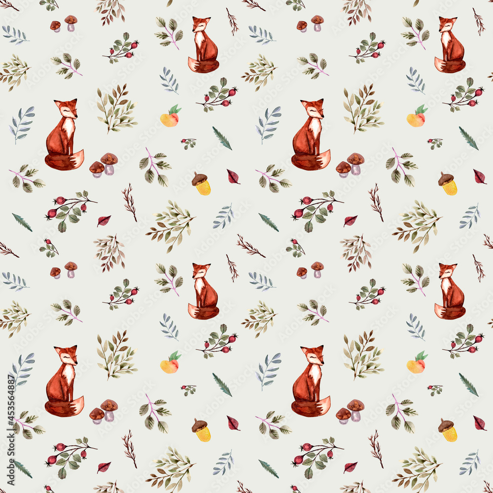 Fototapeta Watercolor autumn background. Seamless pattern with fox, leaves, branches, berries, acorns, mushroom. Hand drawn texture with animal.Greenery nature decorative background perfect for fabric textile.