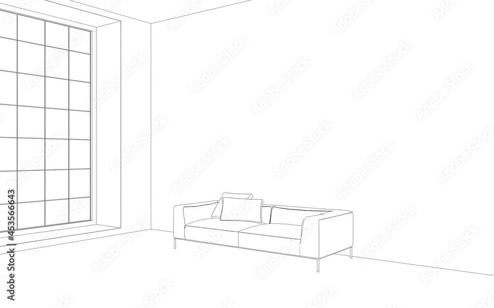 Comfortable sofa with pillows in the interior of a spacious living room. outline illustration, 3d sketch Comfortable sofa with pillows in the interior of a spacious living room. outline illustration, 3d sketch