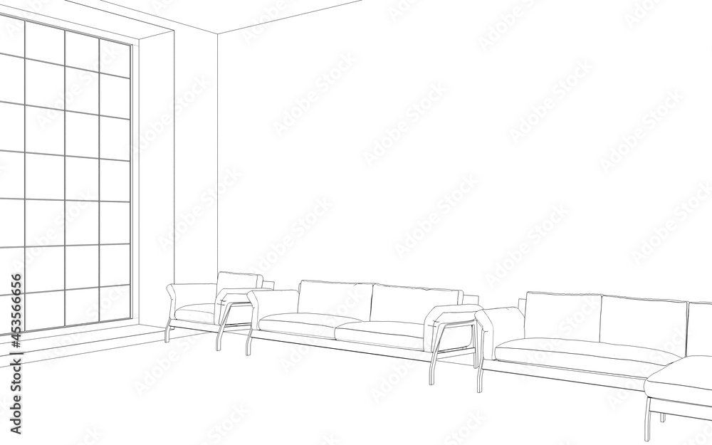 Comfortable sofa with pillows in the interior of a spacious living room. outline illustration, 3d sketch