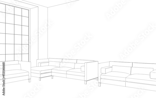 Comfortable sofa with pillows in the interior of a spacious living room. outline illustration, 3d sketch
