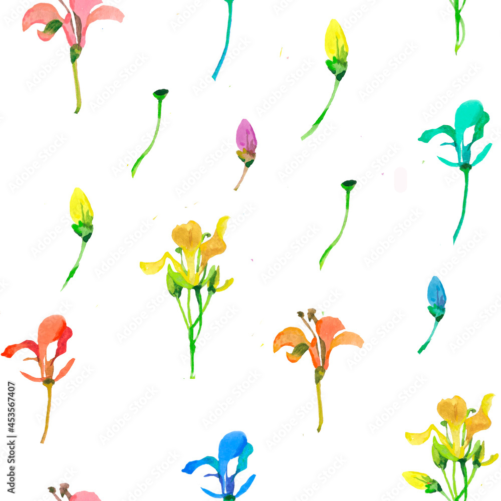 Wildflowers watercolor isolated on white background seamless pattern for all prints.