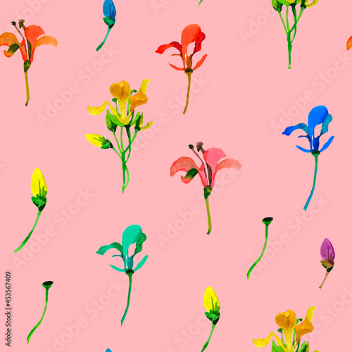 wildflowers watercolor isolated on pink background seamless pattern for all prints.
