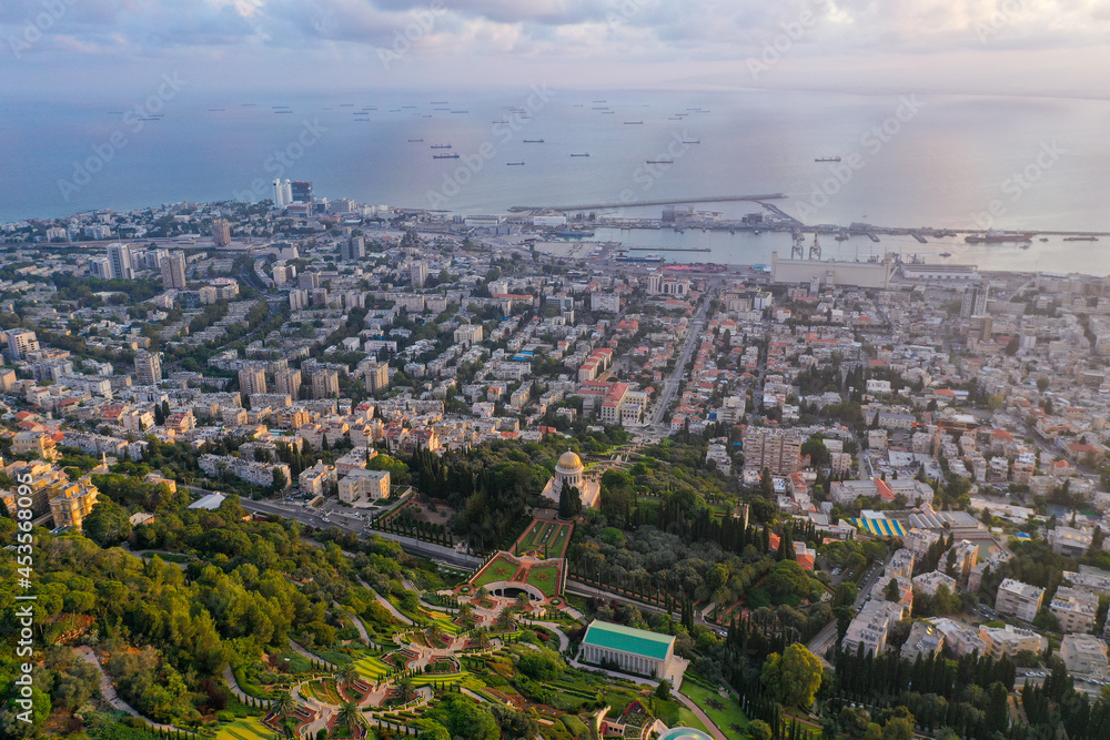 The Bahai Temple and Gardens of Haifa, Israel - Aerial view.