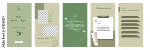 Minimal modern fashion and beauty social media story or stories banner collection kit in green color. Including sale, photo isolated product display, tips template layout design with botanical leaf photo