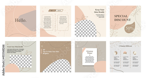 Minimal modern fashion and beauty social media post banner collection kit in pink color. Including sale, photo isolated product display, tips template layout design with botanical leaf elements.