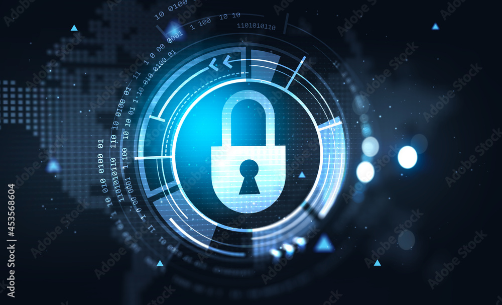 Digital interface with hologram of padlock on dark blue background Digital interface with hologram of padlock on dark blue background