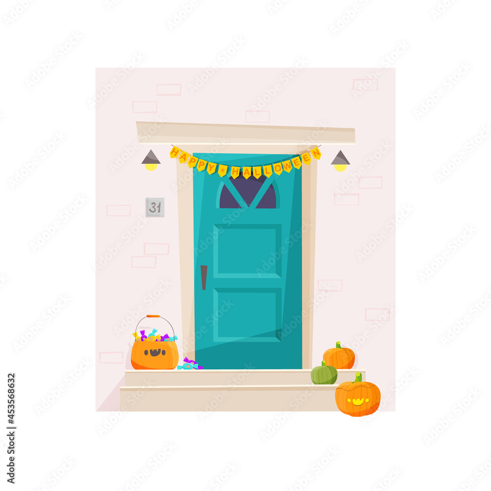 Front door and porch to Halloween. Basket with sweets and pumpkins as decoration. Vector illustration. Front door and porch to Halloween. Basket with sweets and pumpkins as decoration. Vector illustration.
