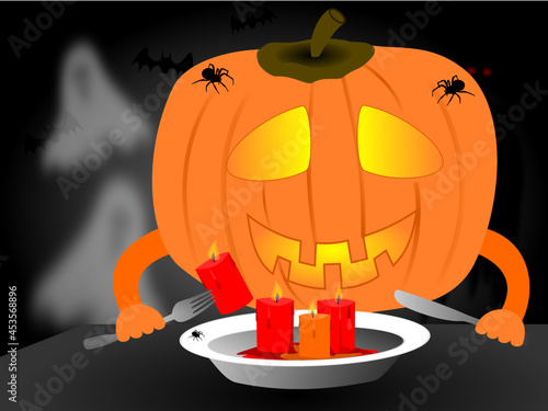 Halloween pumpkin eats burning candles. In the background, ghosts, a vampire, bats and spiders.