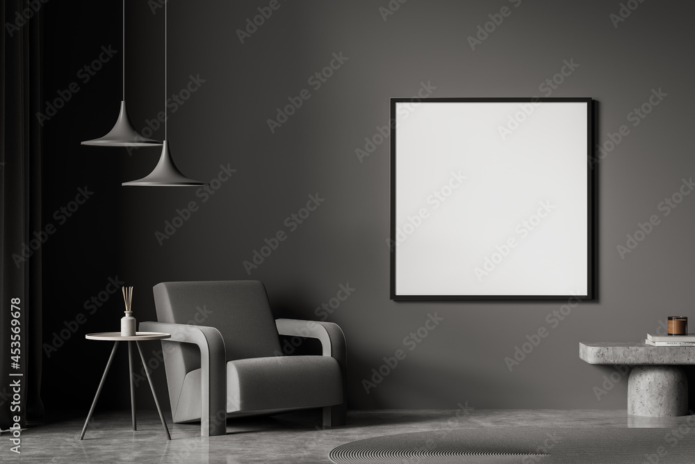Square poster with one armchair in living room, dark grey Square poster with one armchair in living room, dark grey