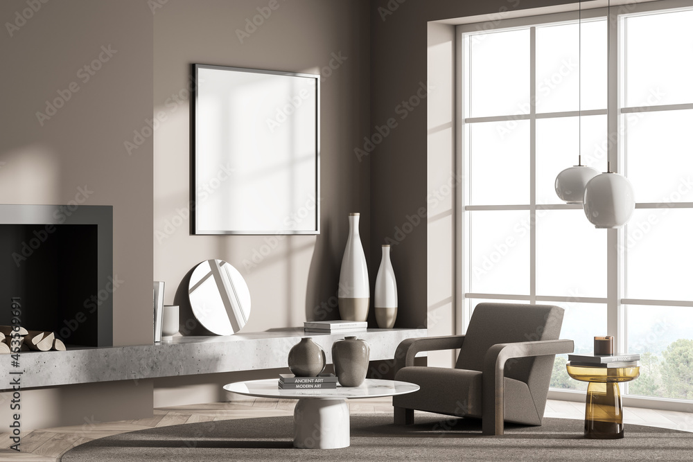 Living room interior with white empty poster, panoramic window Living room interior with white empty poster, panoramic window