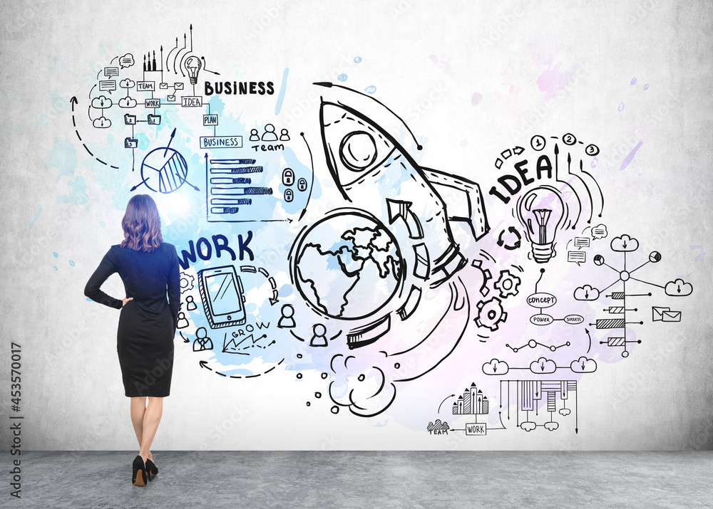Businesswoman in formal suit near sketch with icon of rocket Businesswoman in formal suit near sketch with icon of rocket