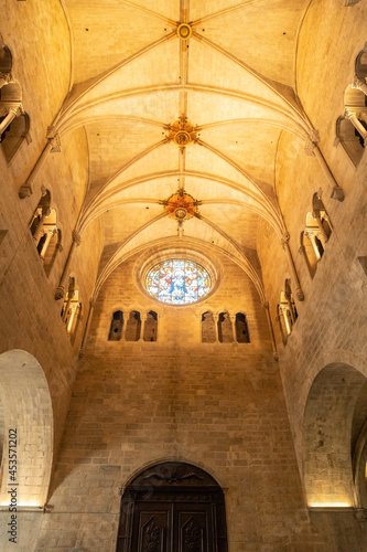 Girona medieval city, roofs and columns of the interior of the Basilica of San Felix, Costa Brava of Catalonia in the Mediterranean. Spain