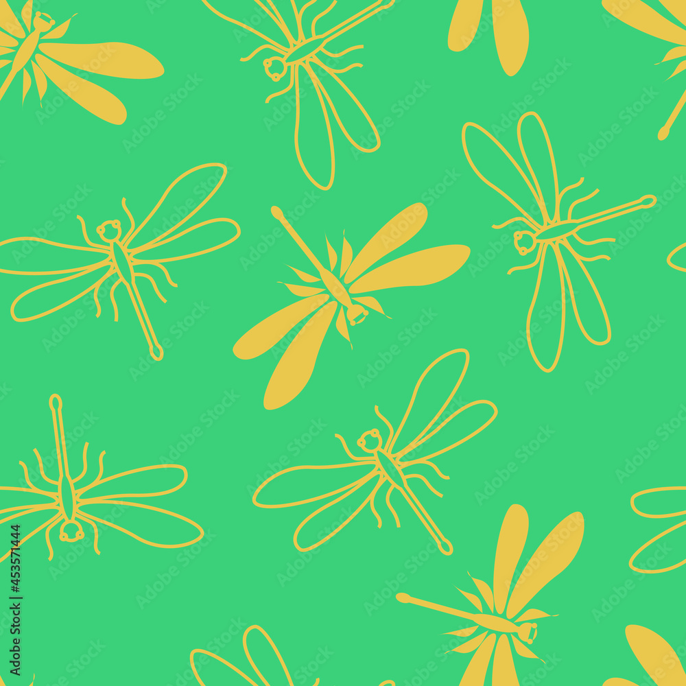 Yellow dragonflies on a blue background. Seamless modern insect pattern for trendy fabrics, textiles, decorative pillows. Vector.