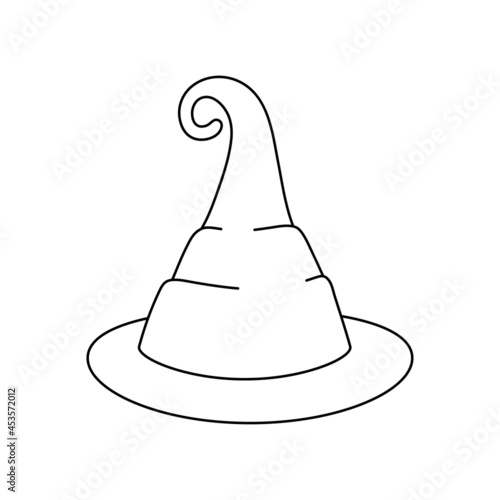 Witch hat vector illustration in doodle style. Hand drawn wizard cap for holiday Halloween. Black icon isolated on white background. Scary silhouette magician hat. Accessory for party on Halloween