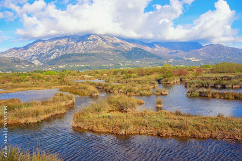 Beautiful wetland landscape. Montenegro  Tivat. View of Tivat Saline    Tivatska Solila   -  Special Nature Reserve