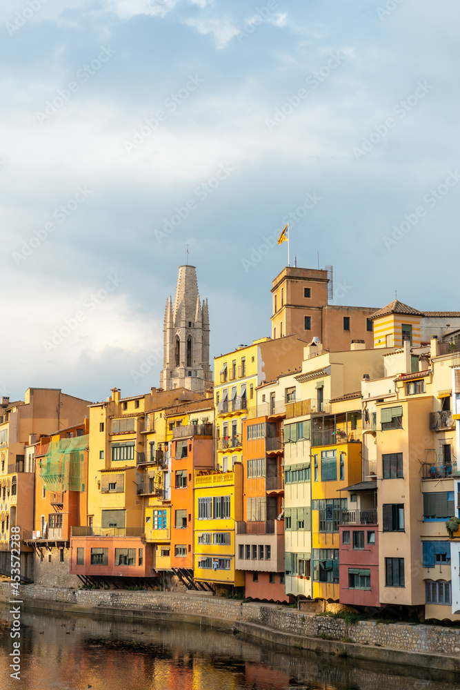 Girona medieval city from the famous red bridge Pont de les Peixateries Velles, Costa Brava of Catalonia