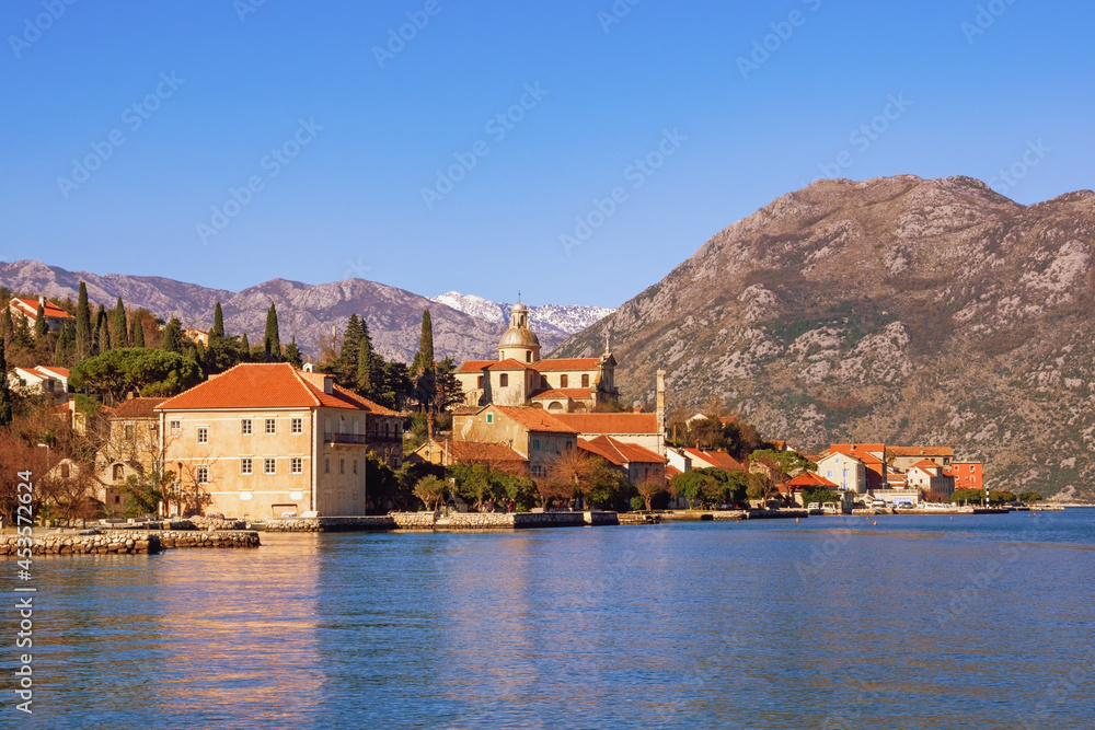 Beautiful winter Mediterranean landscape. Montenegro, Adriatic Sea. View of Bay of Kotor and Prcanj town