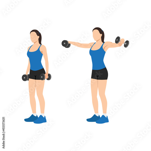 Woman doing Lateral side shoulder dumbbell raises. Power partials exercise. Flat vector illustration isolated on white background