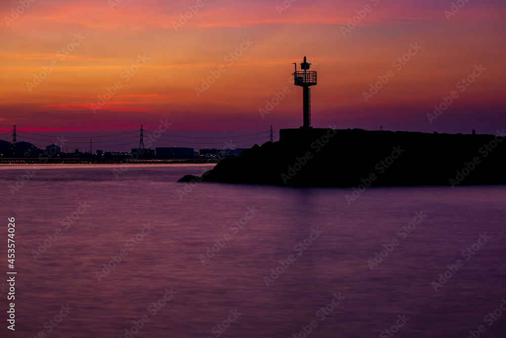 Ship traffic control tower in twilight time sunset