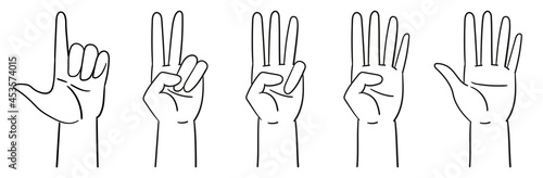 Designation of numbers with hands, gestures. Counting to five - hands. Vector illustration isolated on white. line art.