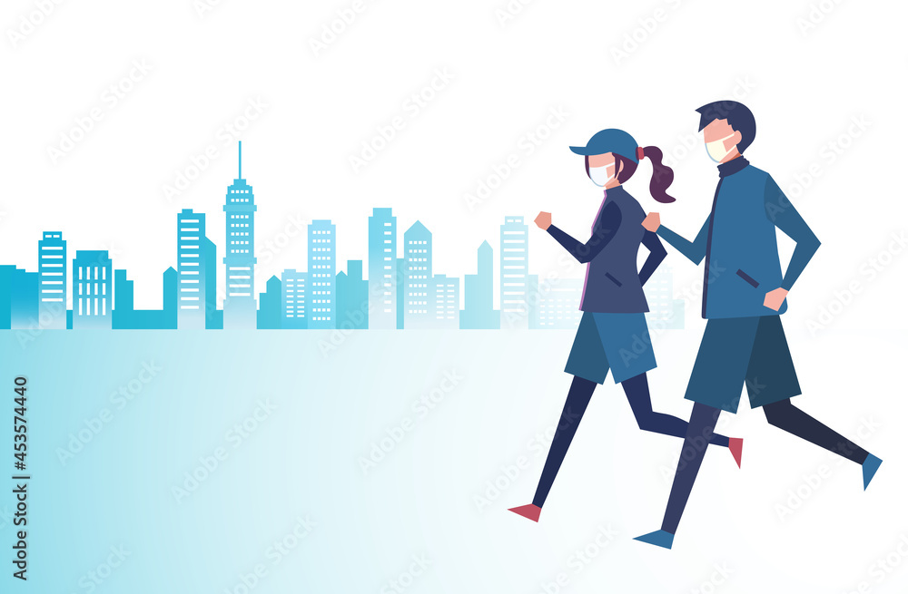 都市背景 ジョギングする男女 冬服 人物フラットイラスト Stock Vector Adobe Stock