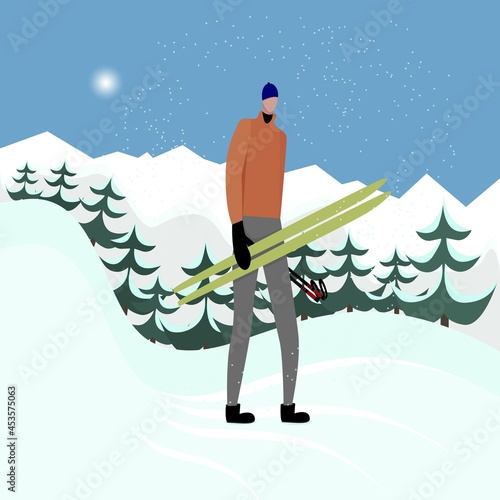 concept of a flat sports person with skis for winter holidays, recreation and sports in the mountains in nature.Vector illustration of skiing