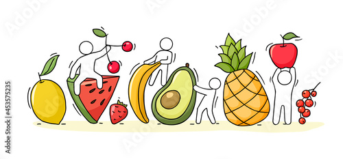 Cartoon people characters with many fruits.