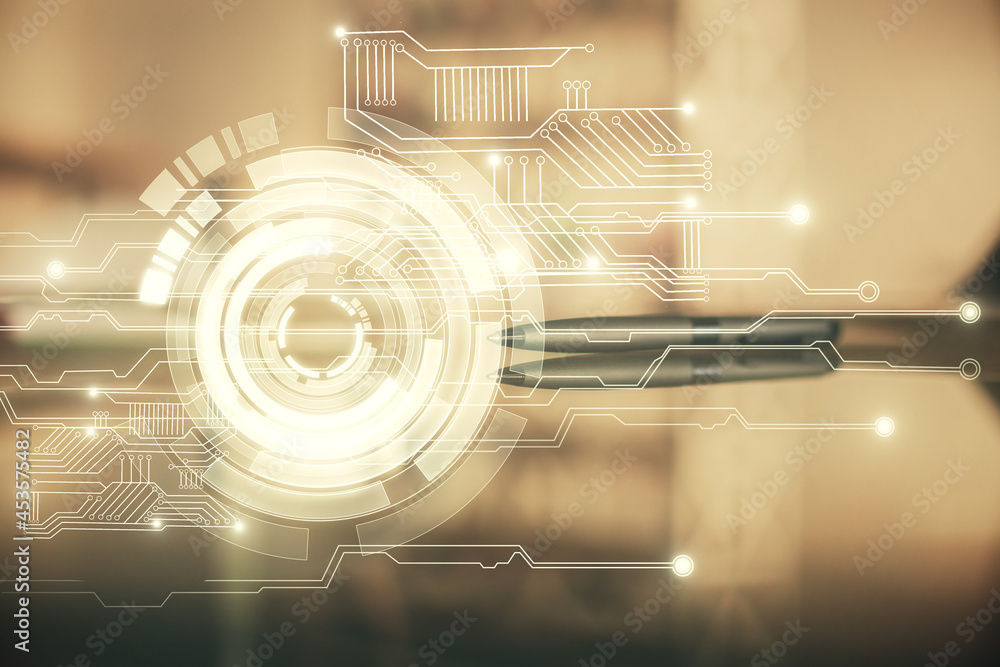 Double exposure of Ai data theme drawing over coffee cup background in office. Double exposure of Ai data theme drawing over coffee cup background in office.