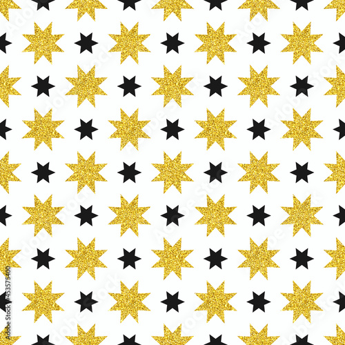 Festive digital scrapbooking paper with shiny gold and black stars. Seamless pattern