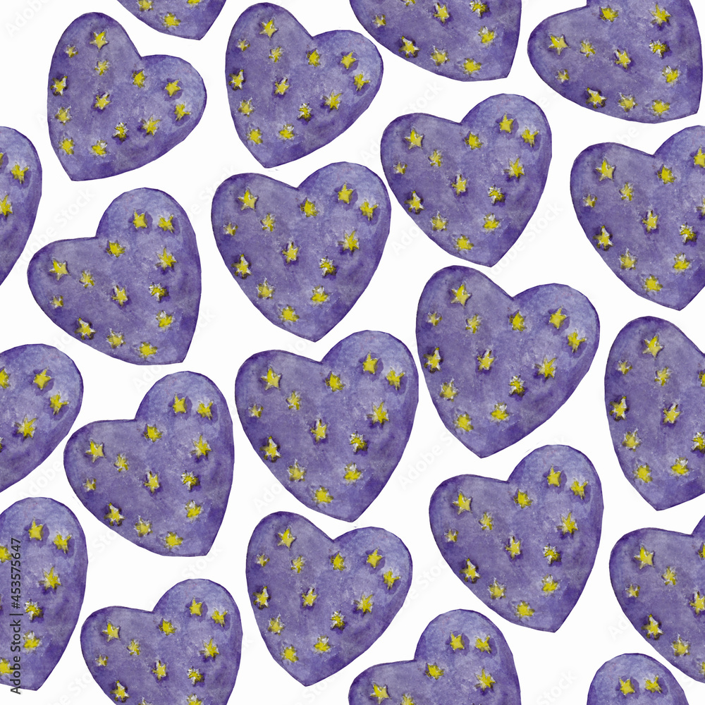 Watercolor hand drawn artistic hearts pattern, starry night hearts pattern, decorative lovely, background Watercolor hand drawn artistic hearts pattern, starry night hearts pattern, decorative lovely, background