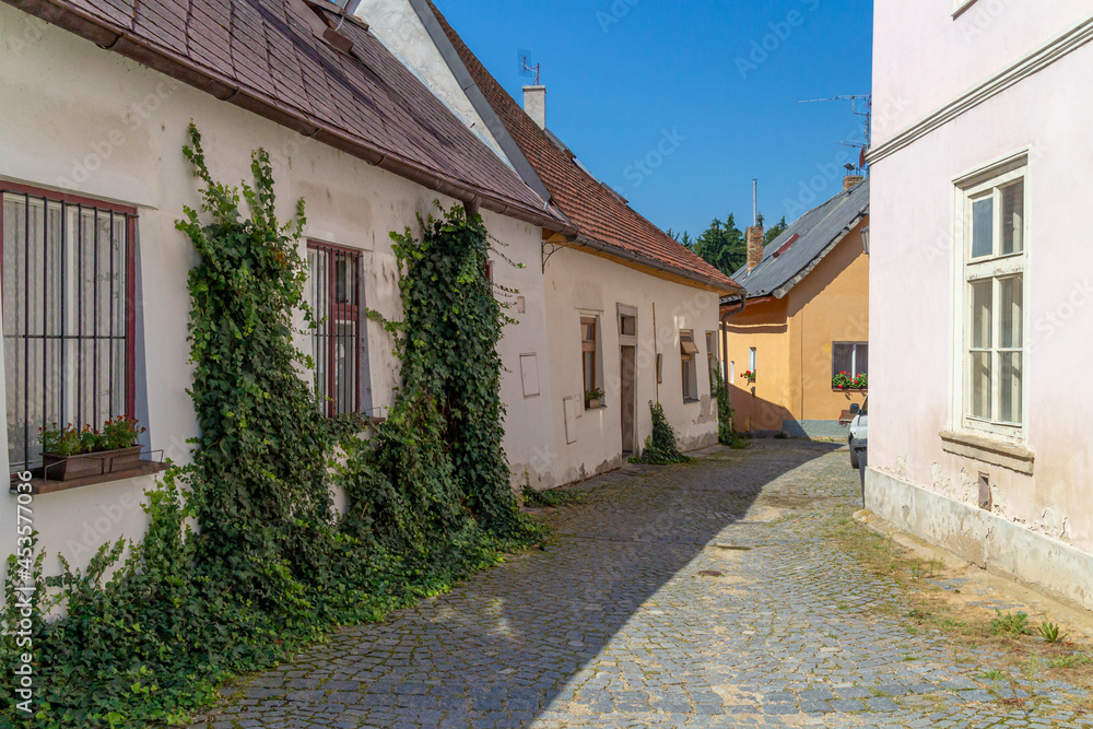 narrow alley in a small Czech town with cobblestones and typical South Bohemian houses and roof covering