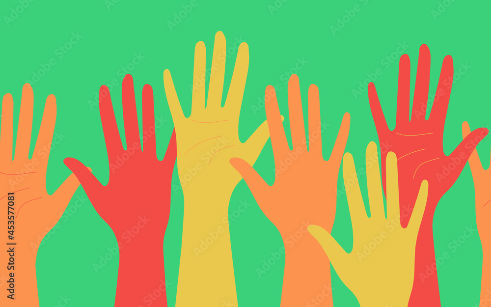 Hands of people with different skin colors, different nationalities and religions. Activists, feminists and other communities are fighting for equality. Vector.