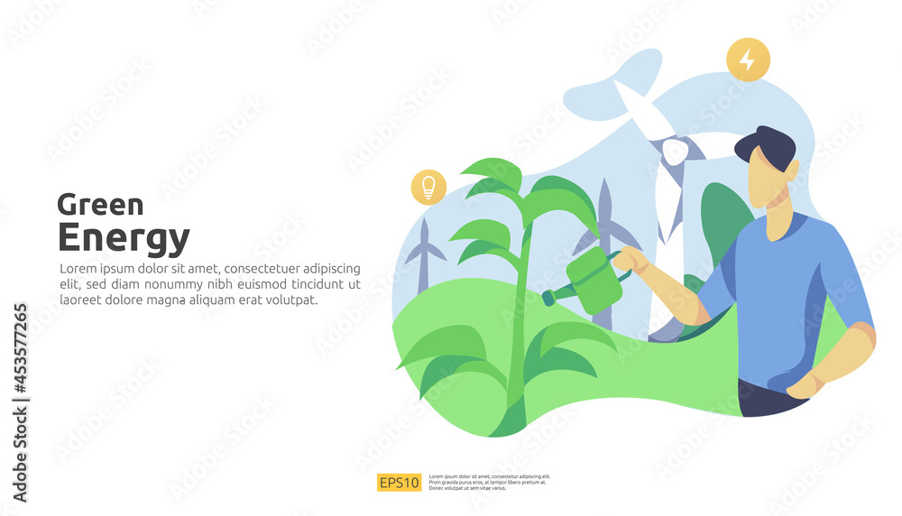 Obraz premium Environmental concept for green clean energy sources with renewable electric sun solar panel and wind turbines. suitable for web landing page template, banner, presentation, social, and print media