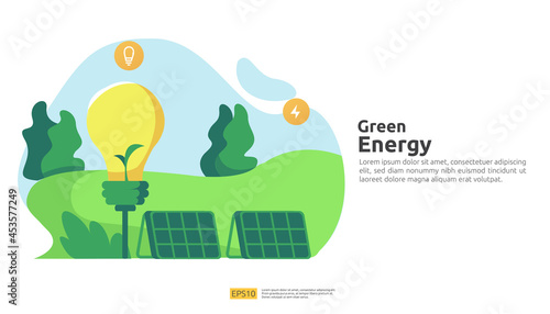 Environmental concept for green clean energy sources with renewable electric sun solar panel and wind turbines. suitable for web landing page template, banner, presentation, social, and print media