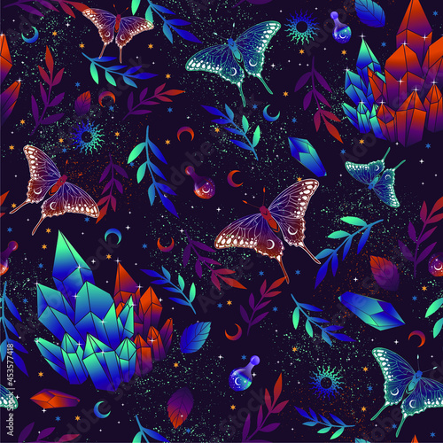 Vector seamless pattern with moon moth and stars. Contemporary composition. Trendy texture for print, textile, packaging.