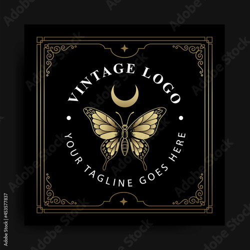 Butterfly logo with crescent moon in hand draw, engraving, luxury style