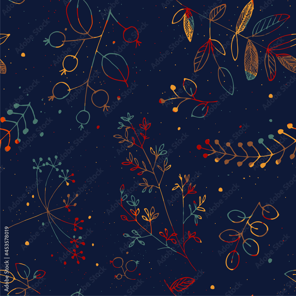 Plants and berries seamless pattern. Texture for wallpapers, fabric, wrapper, web page backgrounds, vector illustration.