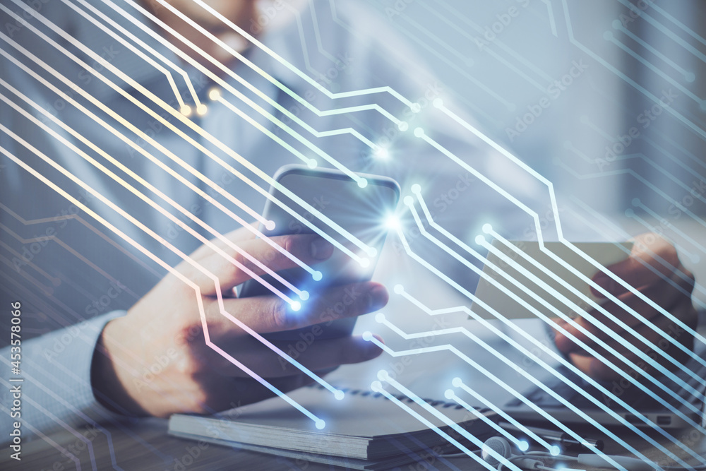 Multi exposure of man's hands holding and using a digital device and data theme drawing. Innovation concept. Multi exposure of man's hands holding and using a digital device and data theme drawing. Innovation concept.