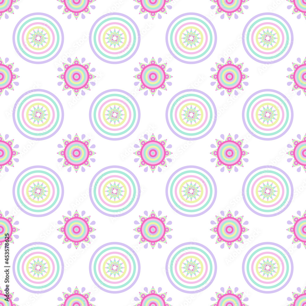 Abstract graphics seamless with pastel  colored overlapping circles and eight pointed stars pattern on a white background. Vector flat design creative for fabric, wrapping, textile, wallpaper, apparel