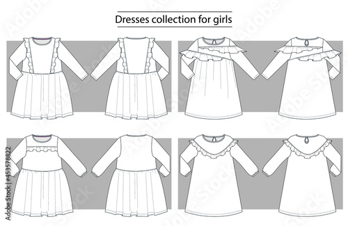 Dresses with frills collection basic set of technical sketches for girls