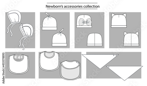 Newborn’s accessories collection bibs & heats basic set of technical sketches for babys