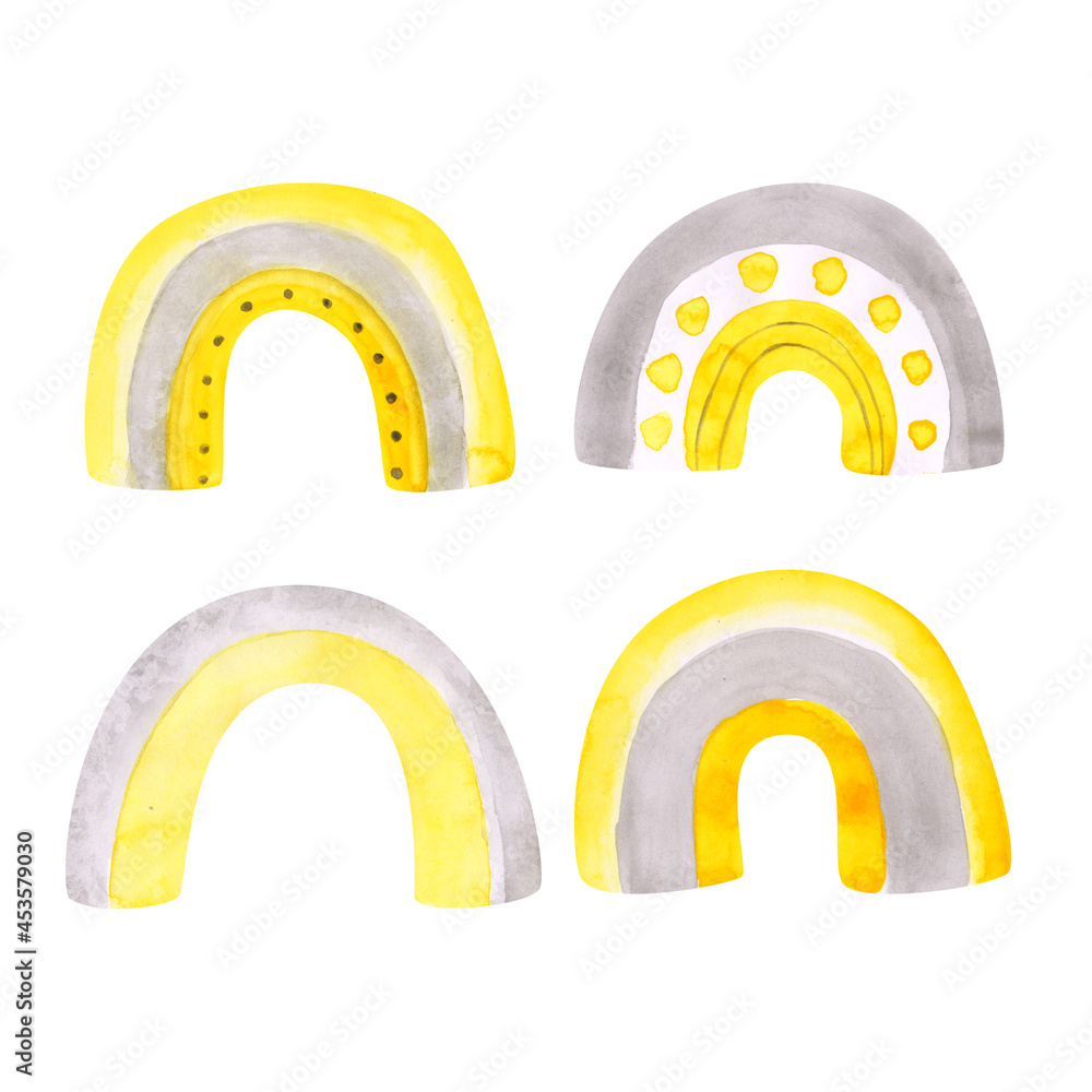 Rainbow. Set of 4 rainbows isolated on a white background. Yellow and gray watercolor rainbow clipart. Hand-drawn doodle illustration. Cute abstract rainbow print. Nursery decoration.