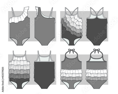 Set of one-piece swimsuits with ruffles. Technical scketch.