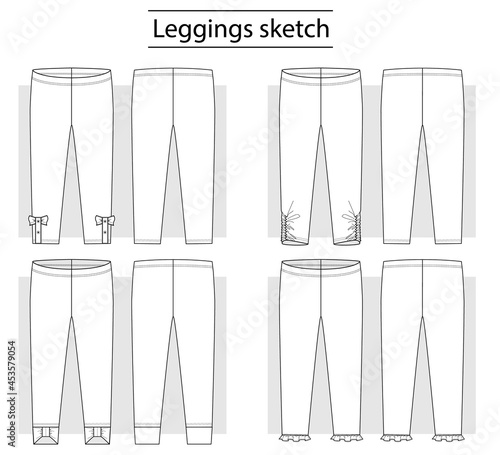 Technical sketches of leggings with ruffles and bows.