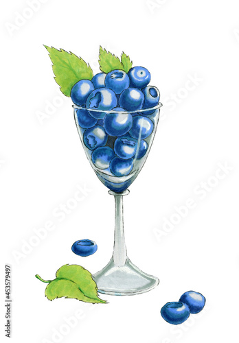 marker illustration of wine glass full of blueberries with three green leaves