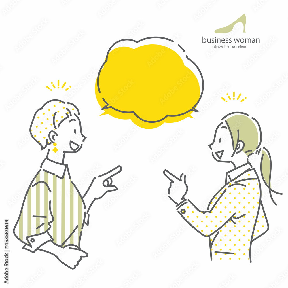 会話をするビ若い二人のジネスウーマン シンプルでお洒落な線画イラスト 会話をするビ若い二人のジネスウーマン シンプルでお洒落な線画イラスト